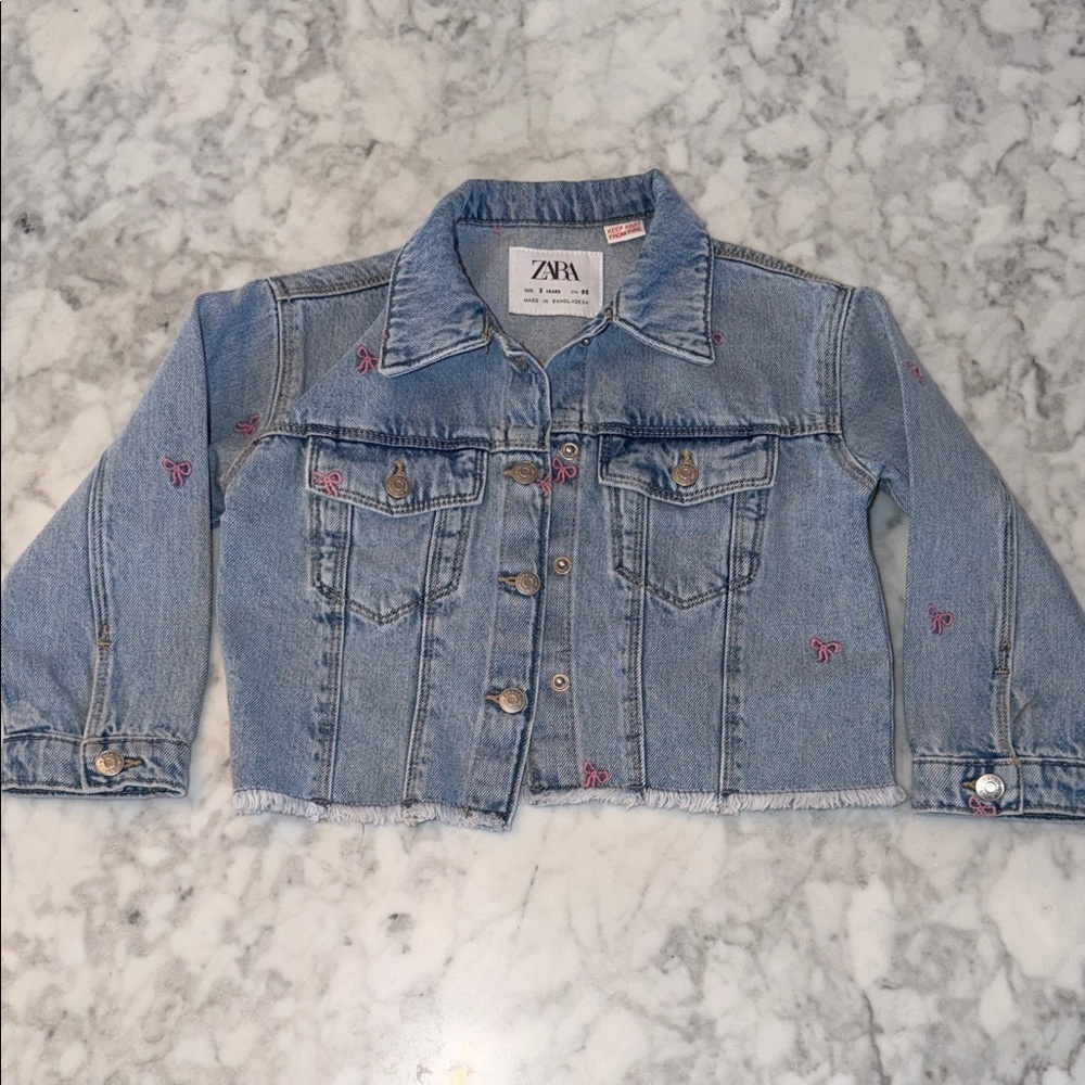 Zara Kids Light Blue Denim Jacket with Pink Bow Accents 3Y